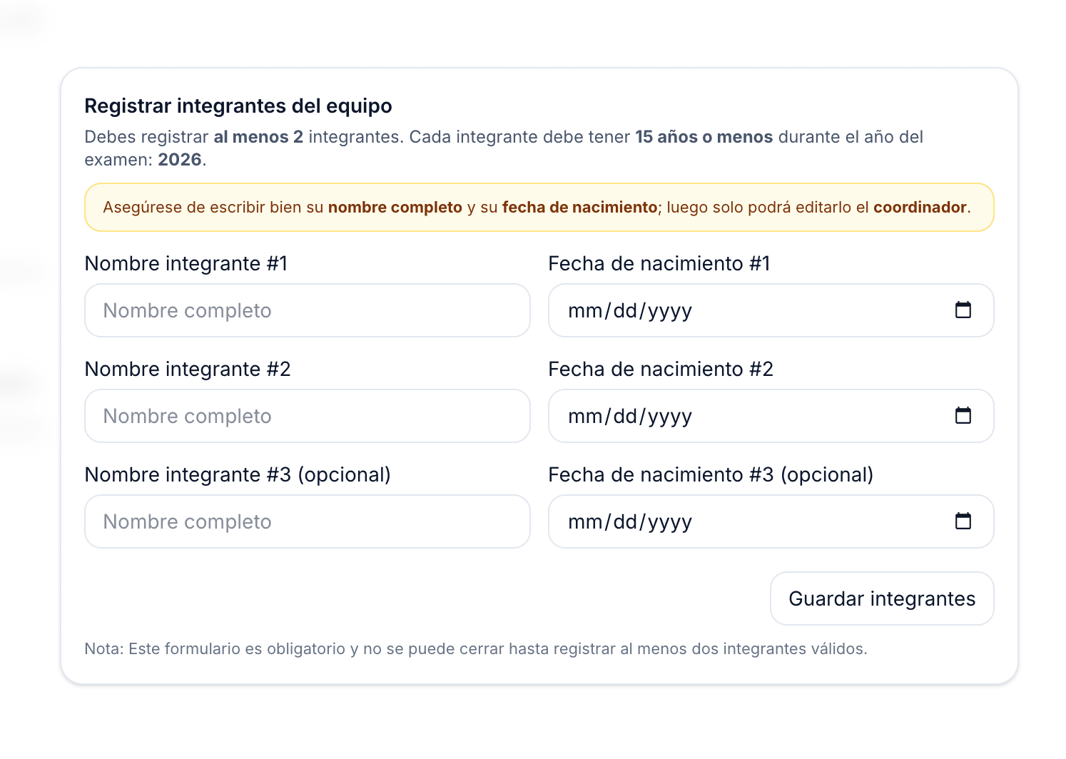 Formulario para registrar integrantes del equipo